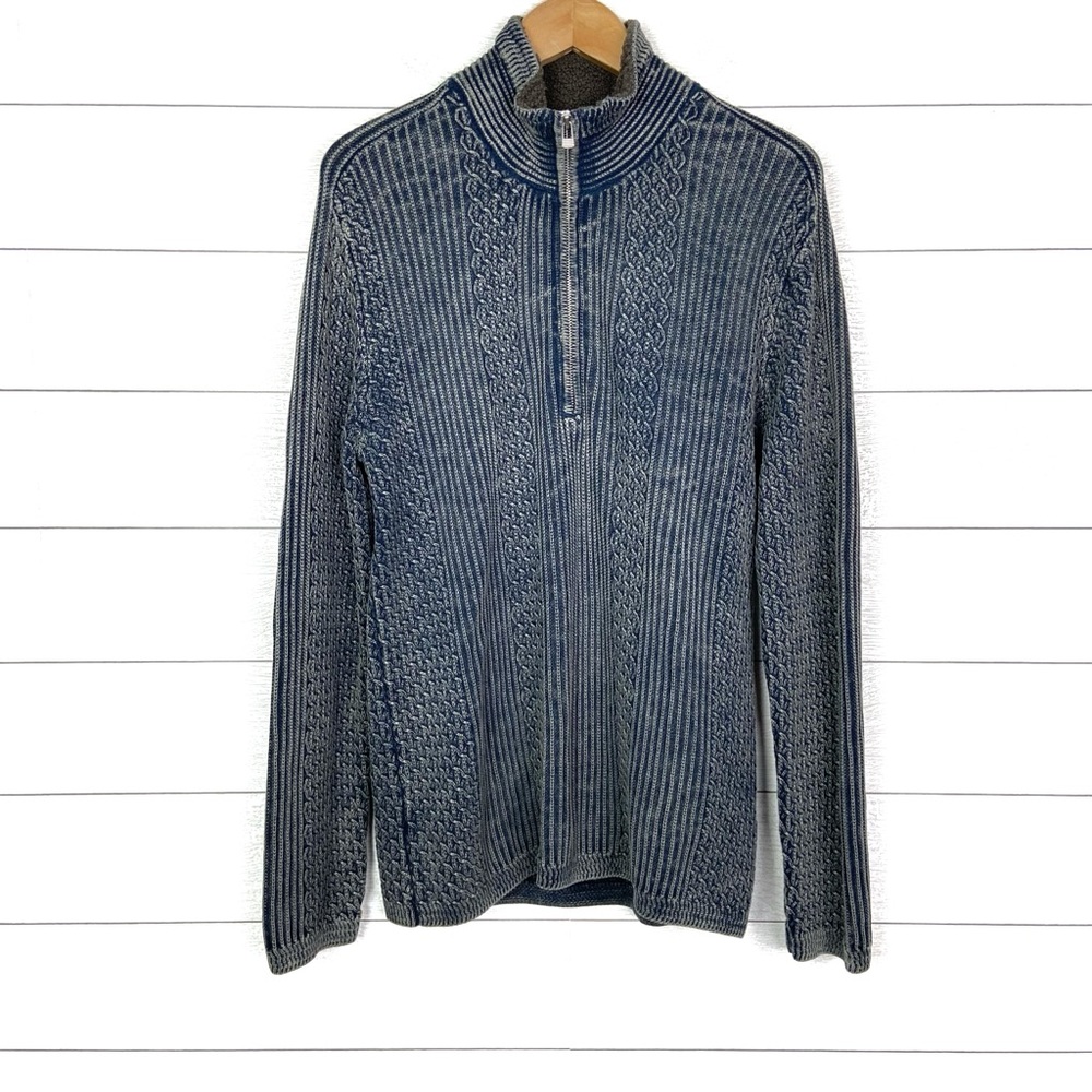 CARBON2COBALT Sweater Sherpa Lined Collar Half Zip Cable Knit Blue Medium Mens